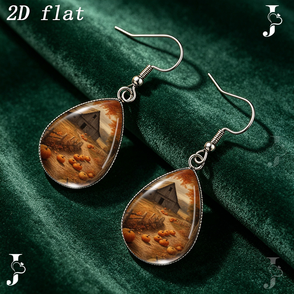 Autumn Farm Barn Pumpkin Path Teardrop Dangle Earrings